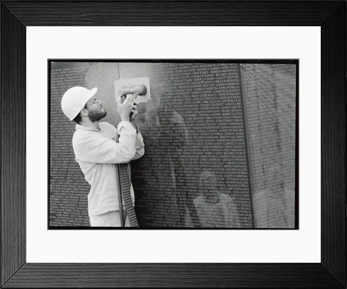Framed Print : Larry Century Using Chiseling Tools on Vietnam Memorial Framed Print : Larry Century Using Chiseling Tools on Vietnam Memorial