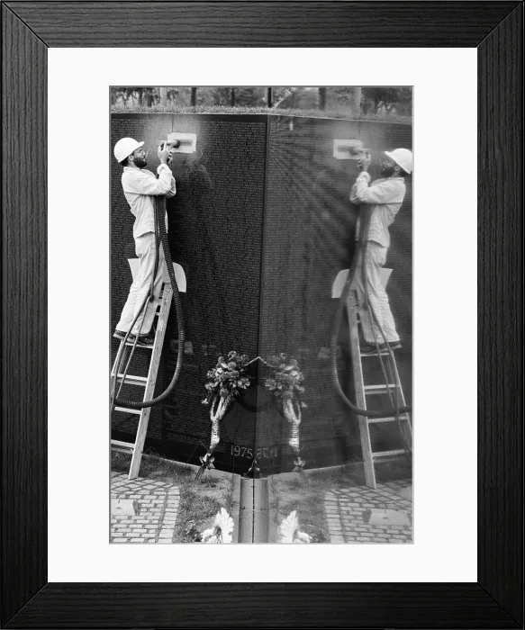 Framed Print : Larry Century Standing on Ladder to Embed a Name into Vietnam Memorial Framed Print : Larry Century Standing on Ladder to Embed a Name into Vietnam Memorial