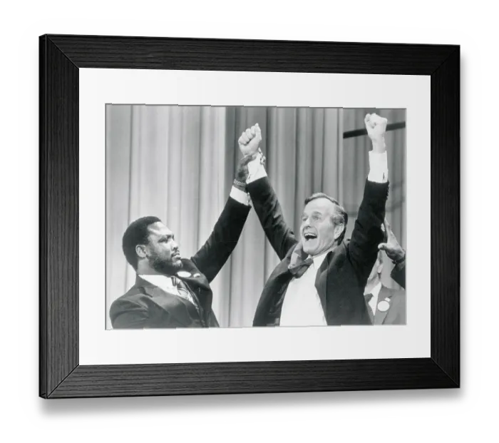 Framed Print : Joe Frazier Raising Arms of George Bush Framed Print : Joe Frazier Raising Arms of George Bush