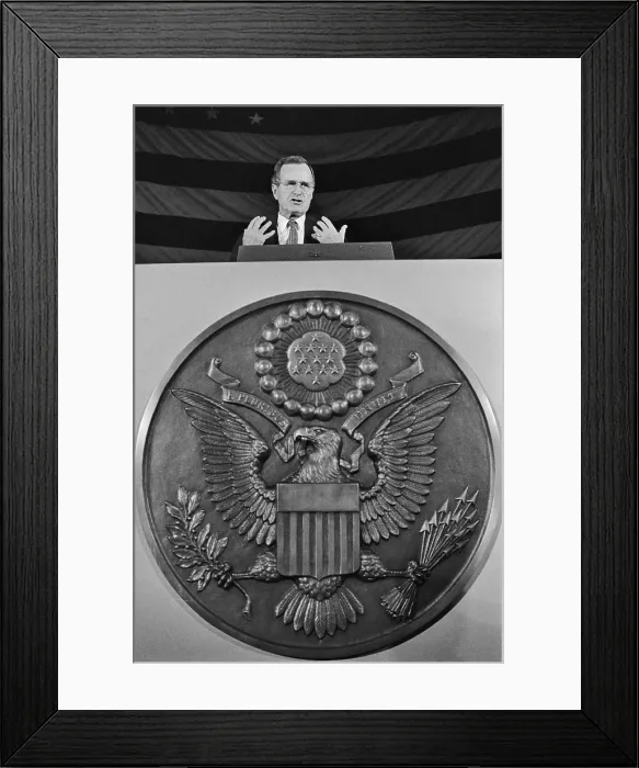 Framed Print : George Bush Speaking Behind United States Seal Framed Print : George Bush Speaking Behind United States Seal