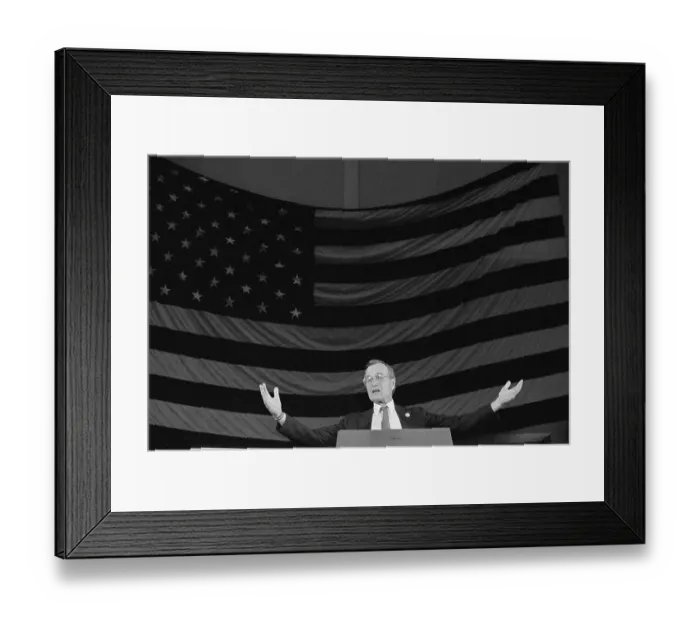 Framed Print : Ronald Reagan Speaking in Front of American Flag Framed Print : Ronald Reagan Speaking in Front of American Flag