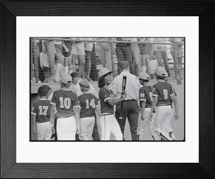 Framed Print : First Little League Girl Posing with Baseball Bat Framed Print : First Little League Girl Posing with Baseball Bat