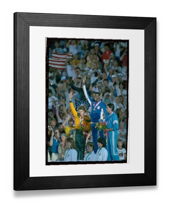 Framed Print : Three Olympic Long Jump Medal Winners in Front of Crowd Framed Print : Three Olympic Long Jump Medal Winners in Front of Crowd