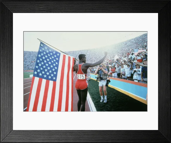 Framed Print : Carl Lewis Running with American Flag Framed Print : Carl Lewis Running with American Flag