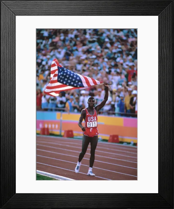 Framed Print : Carl Lewis Running with American Flag Framed Print : Carl Lewis Running with American Flag