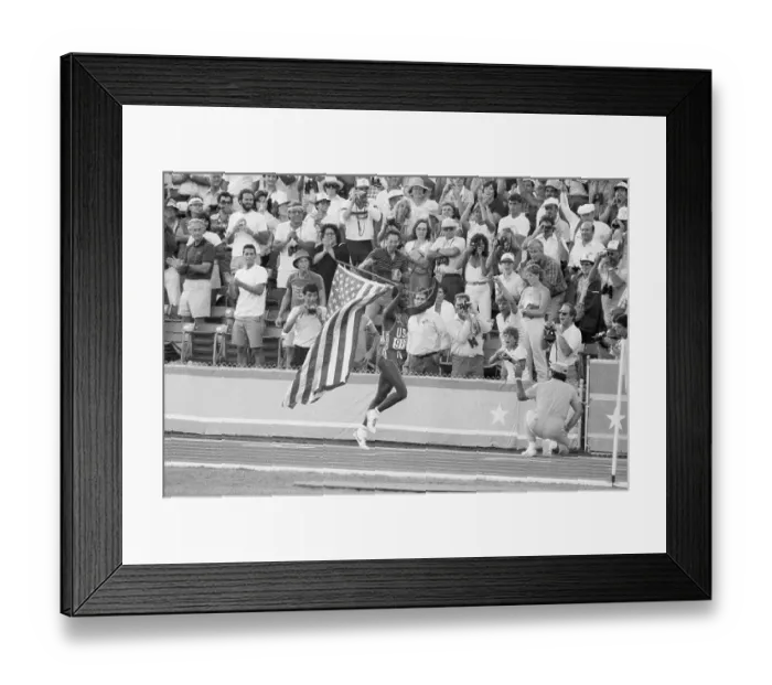 Framed Print : Carl Lewis Running W / Large American Flag Framed Print : Carl Lewis Running W / Large American Flag