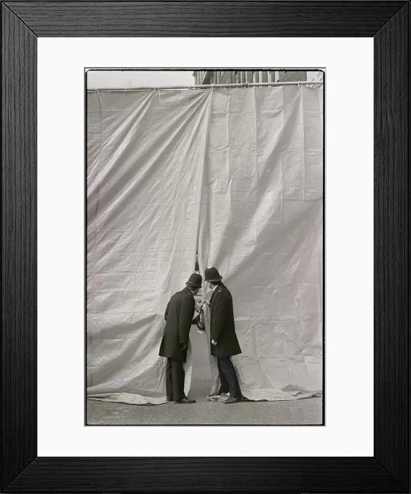Framed Print : Policemen Look Through Cordoned Off Area Framed Print : Policemen Look Through Cordoned Off Area