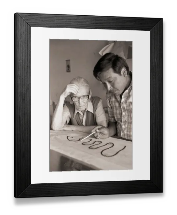 Framed Print : Maria Reiche with Assistant Studies Lines Framed Print : Maria Reiche with Assistant Studies Lines