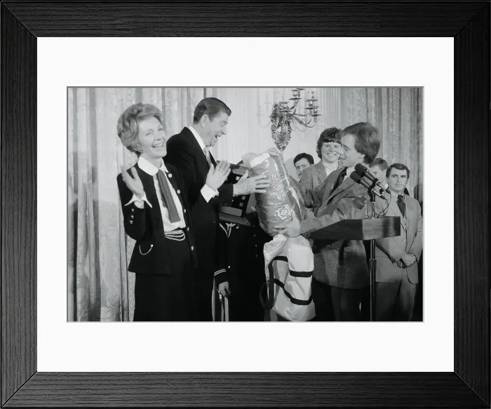 Framed Print : Scott Hamilton Presenting Jacket to President Reagan Framed Print : Scott Hamilton Presenting Jacket to President Reagan