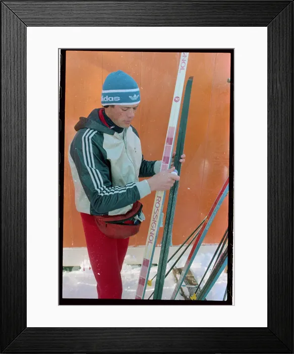 Framed Print : Bill Koch Working on His Skis