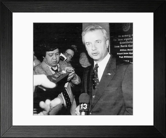 Framed Print : Jim Hunt. North Carolina Governor Jim Hunt talks to reporters after a federal Framed Print : Jim Hunt. North Carolina Governor Jim Hunt talks to reporters after a federal