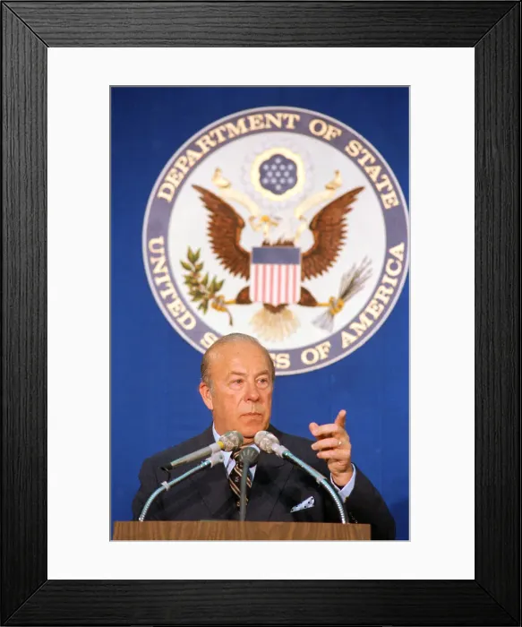 Framed Print : George Shultz Speaking at Microphones Framed Print : George Shultz Speaking at Microphones