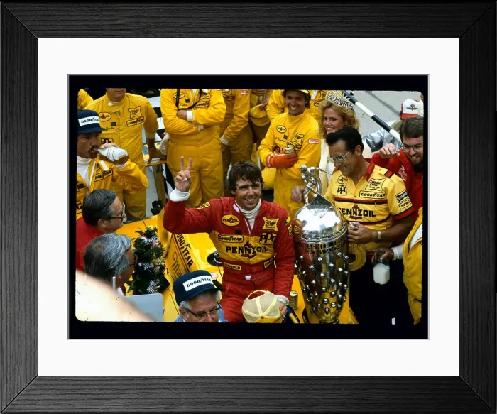 Framed Print : Rick Mears in Winners Circle Giving Victory Sign Framed Print : Rick Mears in Winners Circle Giving Victory Sign