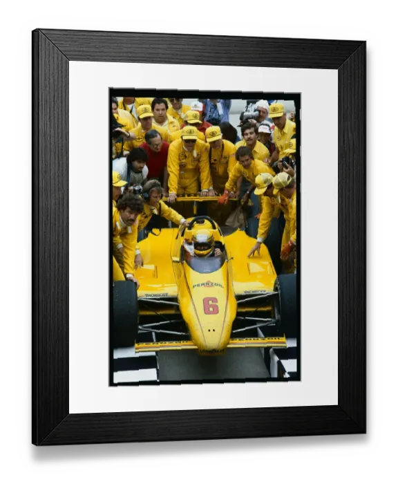 Framed Print : Crew Surrounding Rick Mears Car Framed Print : Crew Surrounding Rick Mears Car