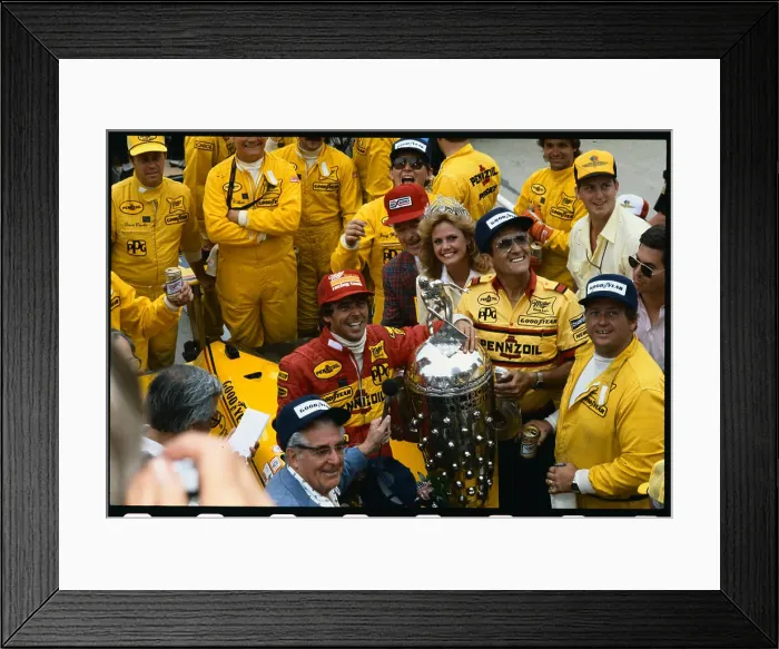 Framed Print : Rick Mears Celebrating with Trophy Framed Print : Rick Mears Celebrating with Trophy