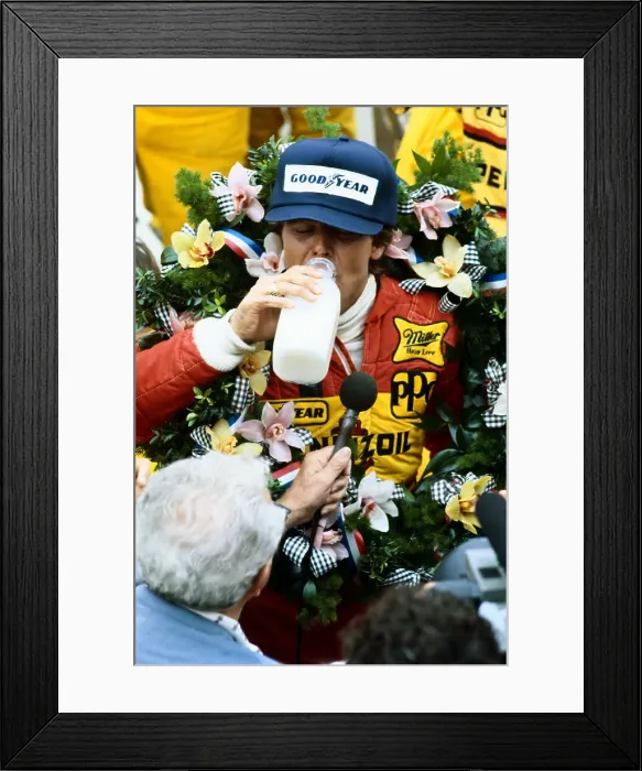 Framed Print : Rick Mears Drinking Milk After Winning Framed Print : Rick Mears Drinking Milk After Winning