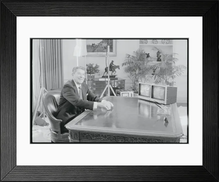 Framed Print : Ronald Reagan Conversing Long Distance at Desk Framed Print : Ronald Reagan Conversing Long Distance at Desk