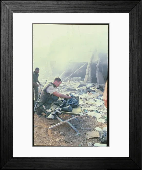 Framed Print : American Marine Examining Goods at Bomb Site Framed Print : American Marine Examining Goods at Bomb Site