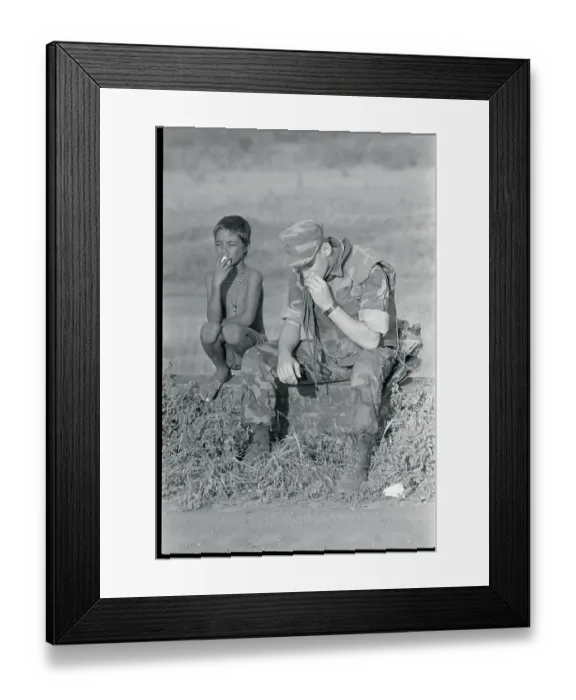 Framed Print : Soldier and Boy Sharing Orange Framed Print : Soldier and Boy Sharing Orange