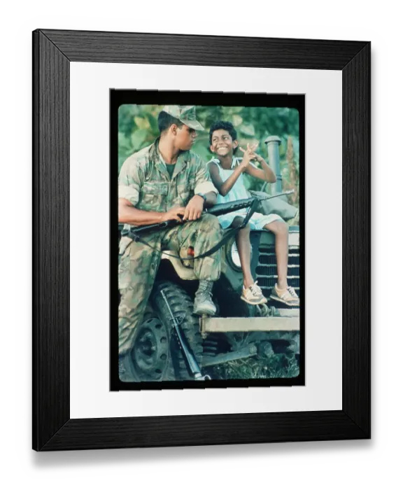 Framed Print : Marine Chats with Grenadian Girl on Jeep Framed Print : Marine Chats with Grenadian Girl on Jeep