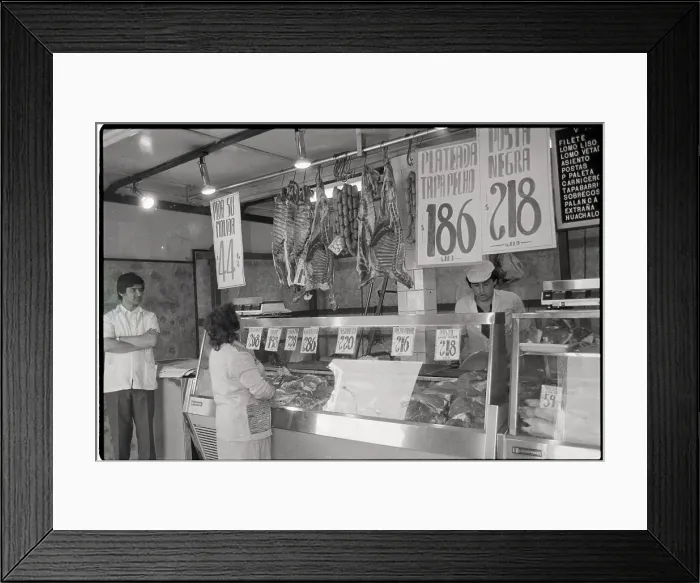 Framed Print : Meat Market with Signs Displaying Prices Framed Print : Meat Market with Signs Displaying Prices