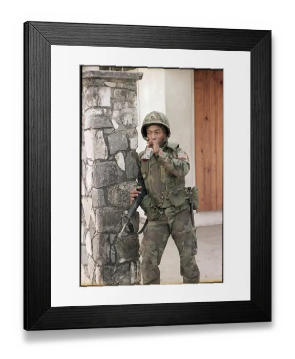 Framed Print : Soldier with Rifle Drinking Coca-Cola Framed Print : Soldier with Rifle Drinking Coca-Cola