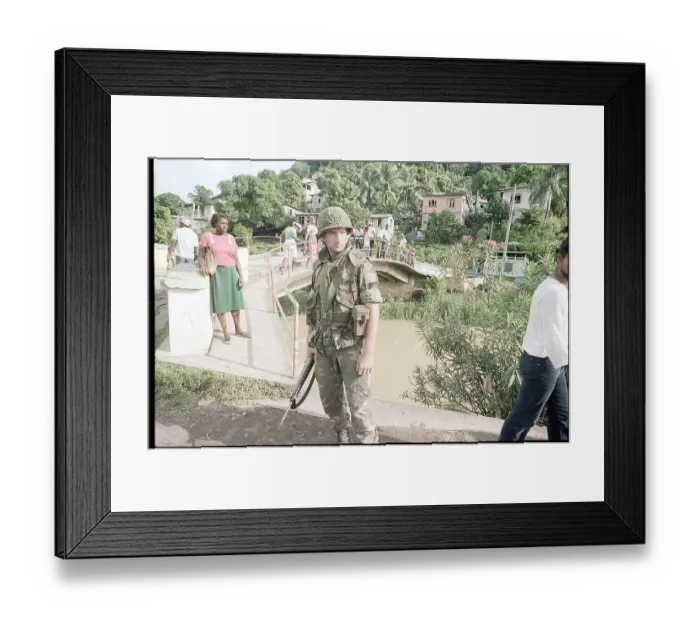 Framed Print : Soldier Stands Near Residential Area Framed Print : Soldier Stands Near Residential Area