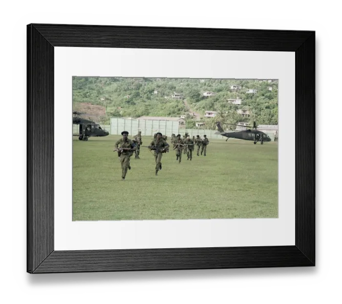 Framed Print : Soldiers Running Across Soccer Field