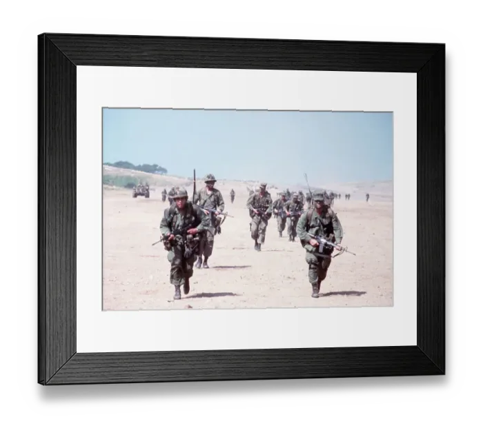 Framed Print : Combat Soldiers Run Across Field Framed Print : Combat Soldiers Run Across Field