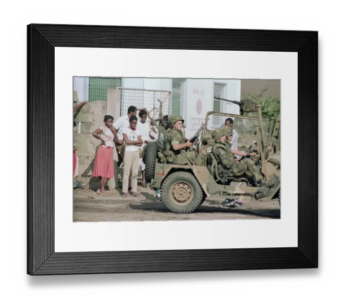 Framed Print : American Soldiers Drive Past Civilians in Grenada Framed Print : American Soldiers Drive Past Civilians in Grenada