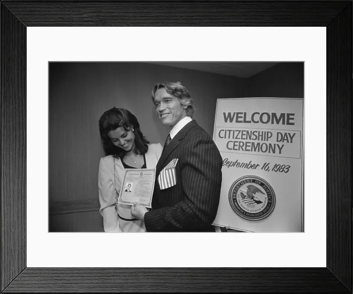 Framed Print : Arnold Schwarzenegger with Naturalization Certificate Framed Print : Arnold Schwarzenegger with Naturalization Certificate