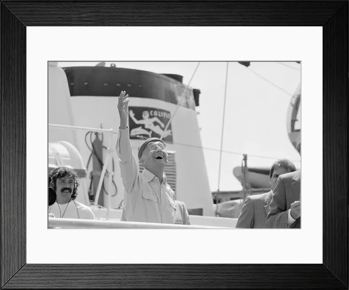 Framed Print : Jacques Cousteau Waving from Large Boat Framed Print : Jacques Cousteau Waving from Large Boat