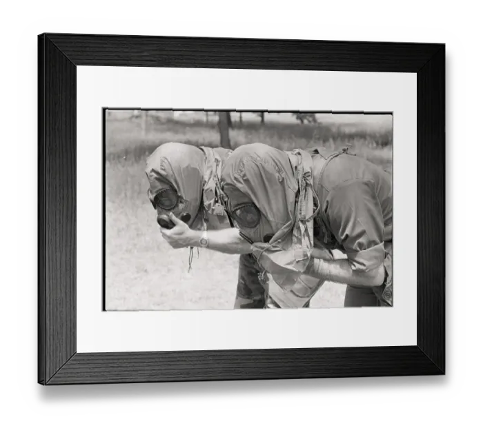 Framed Print : ROTC Cadets Bending Over with Gas Masks Framed Print : ROTC Cadets Bending Over with Gas Masks