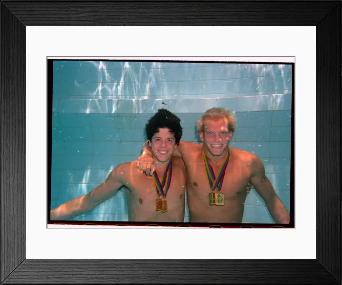 Framed Print : Pan American Games Gold Medalists Posing Arm in Arm Inside Swimming Pool Framed Print : Pan American Games Gold Medalists Posing Arm in Arm Inside Swimming Pool