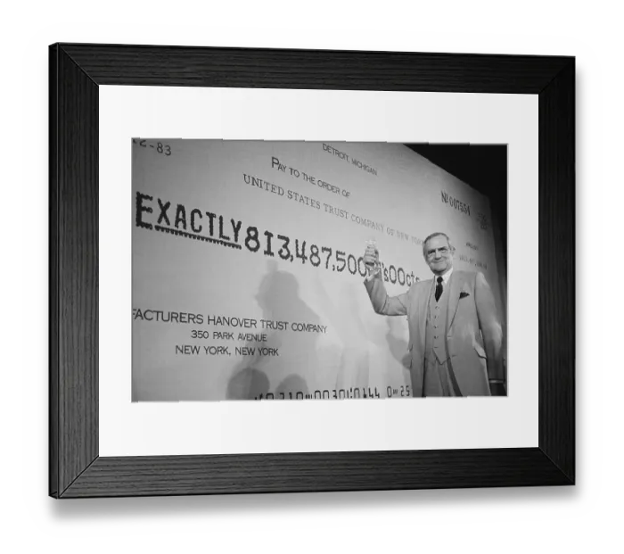 Framed Print : Lee Iacocca Toasting in Front of Check Framed Print : Lee Iacocca Toasting in Front of Check