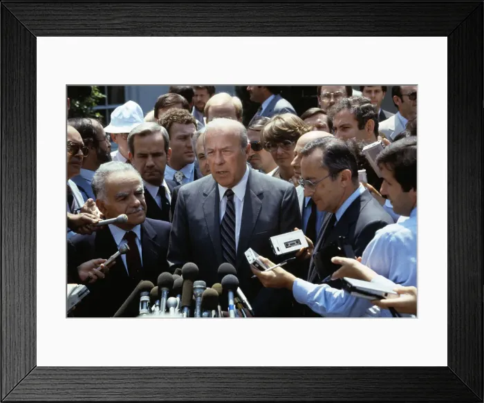 Framed Print : George Shultz and Yitzhak Shamir with Reporters Framed Print : George Shultz and Yitzhak Shamir with Reporters