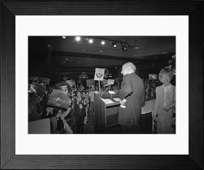 Framed Print : Senator Alan Cranston at Podium for Joyous Supporters Framed Print : Senator Alan Cranston at Podium for Joyous Supporters