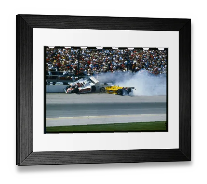 Framed Print : Race Cars Slam Into Wall in Indy 500