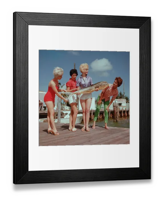 Framed Print : Beauty Contestants Examining Large Fish in Miami Framed Print : Beauty Contestants Examining Large Fish in Miami
