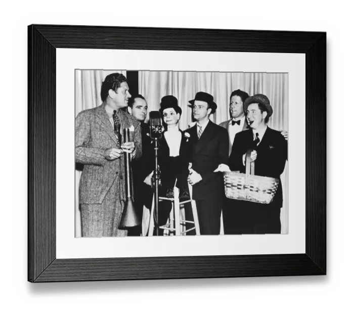 Framed Print : Radio Performers Standing at Microphone