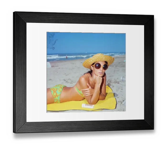Framed Print : Florinda Bolkan Lying on Yellow Beach Towel Framed Print : Florinda Bolkan Lying on Yellow Beach Towel