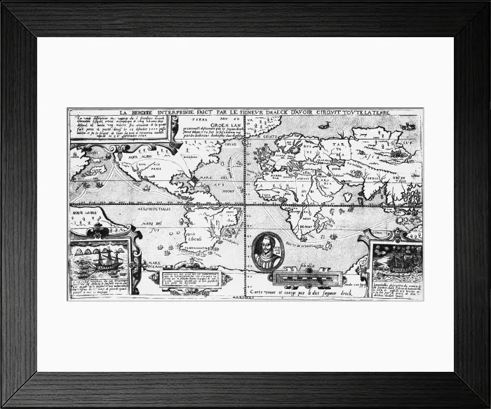 Framed Print : Map Showing Sir Francis Drake's Course Around World Framed Print : Map Showing Sir Francis Drake's Course Around World