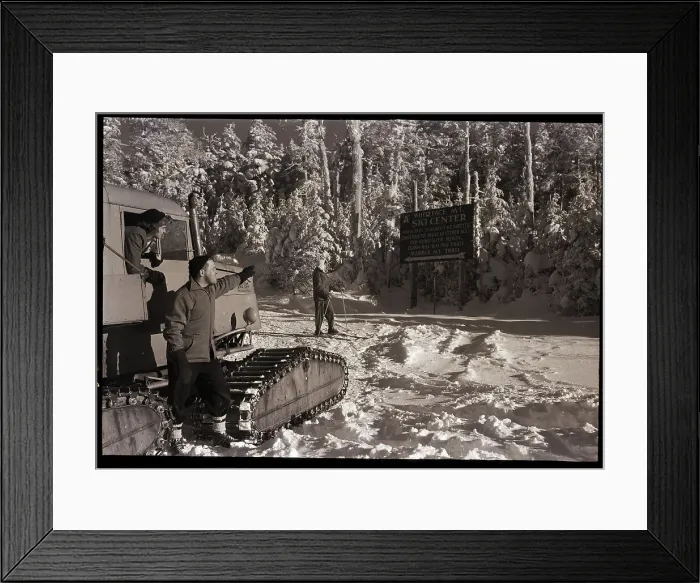 Framed Print : Skiers and Snowcat on Mountain Framed Print : Skiers and Snowcat on Mountain