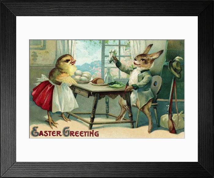 Framed Print : Easter Greeting Postcard Depicting a Rabbit and a Chick Framed Print : Easter Greeting Postcard Depicting a Rabbit and a Chick