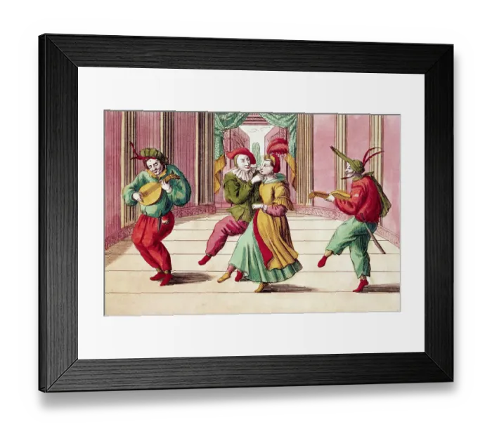 Framed Print : 18th-Century Engraving of Commedia dell'arte Actors on Stage Framed Print : 18th-Century Engraving of Commedia dell'arte Actors on Stage