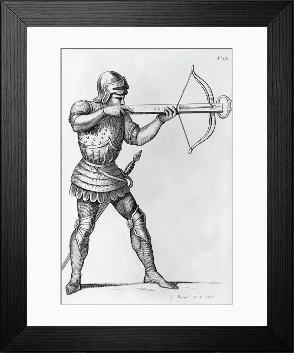Framed Print : Engraving of a Knight Aiming a Crossbow by L. Massard Framed Print : Engraving of a Knight Aiming a Crossbow by L. Massard