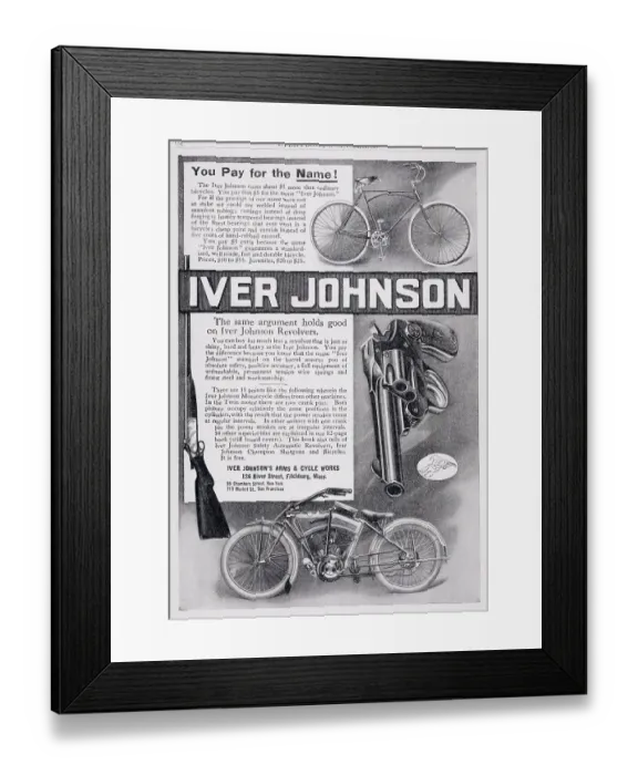 Framed Print : Advertisement for Iver Johnson Bicycles and Firearms