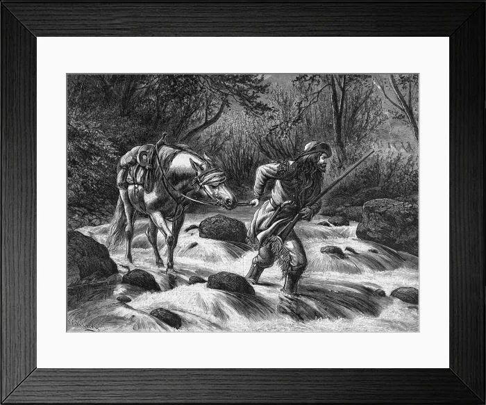 Framed Print : Frontiersman Walking Blindfolded Horse;Engraving Framed Print : Frontiersman Walking Blindfolded Horse;Engraving