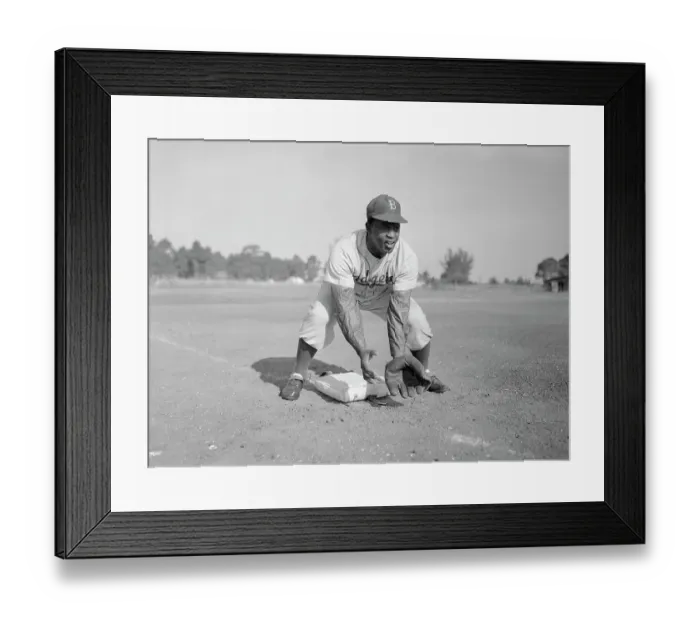 Framed Print : Jackie Robinson Crouching Over Base Framed Print : Jackie Robinson Crouching Over Base