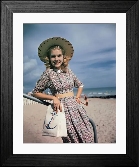 Framed Print : Model Wearing Plaid Beach Outfit Framed Print : Model Wearing Plaid Beach Outfit